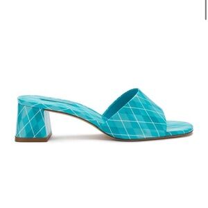 ANTHROPOLOGIE Larroude Brigette Mules Aqua Slides Sandals Blue Block Heel Sz 10